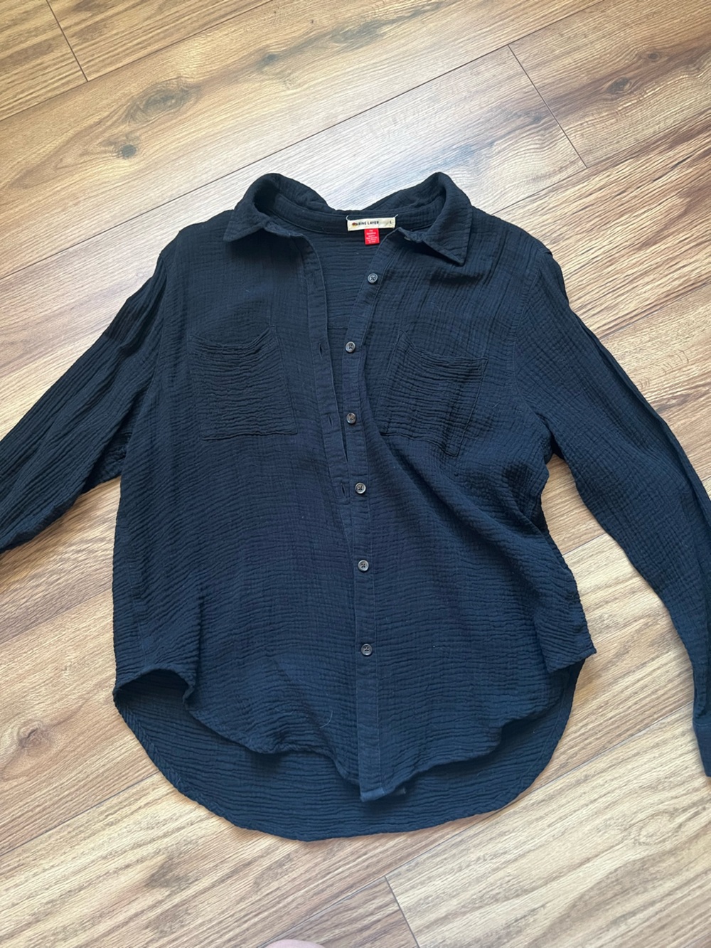 Marine Layer Jane Relaxed Double Cloth Cotton Gauze Button Down Black L